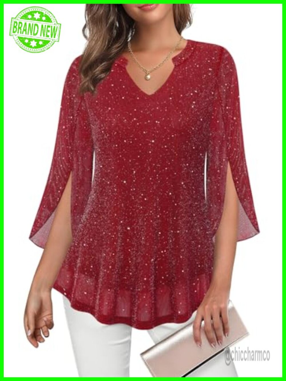 Women's Sequin V-Neck Ruffle Sleeve Blouse Dressy Casual Top
